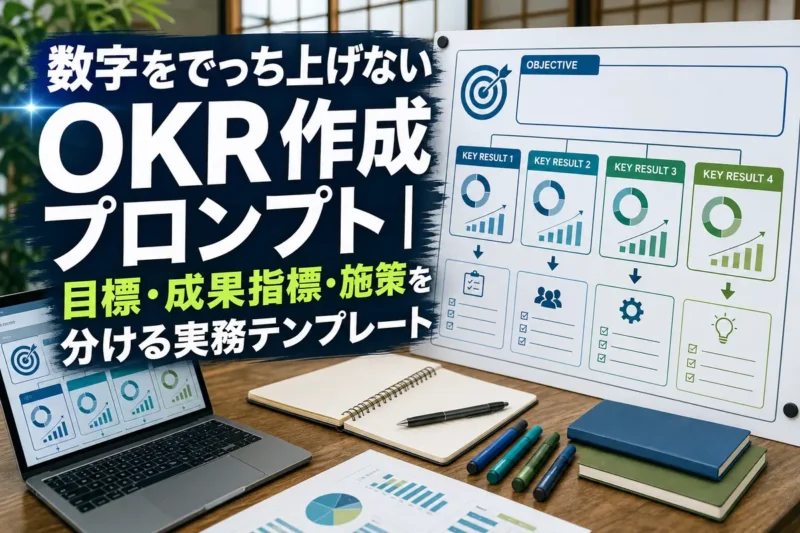 目標と測定指標を整理したOKR計画ボードとノートパソコン。