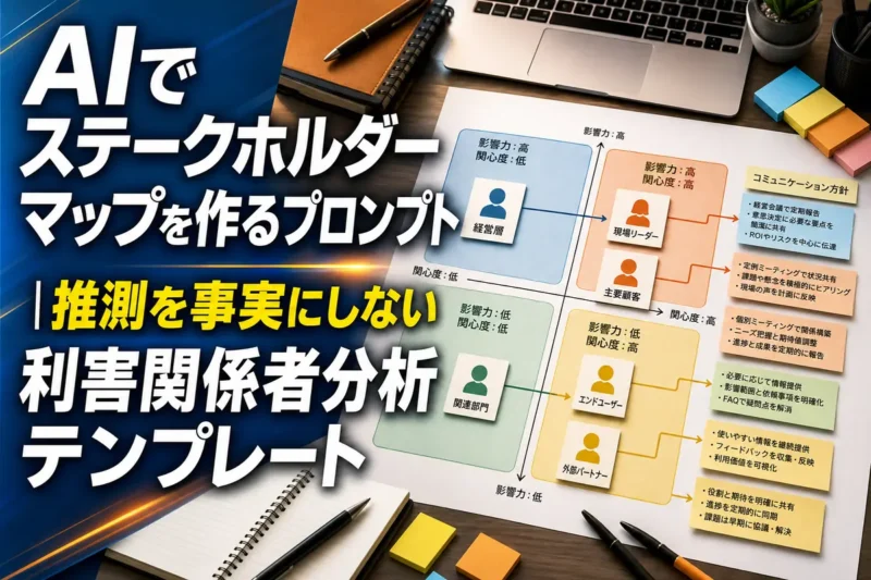 4象限のステークホルダーマップと連絡計画を整理するデスク。
