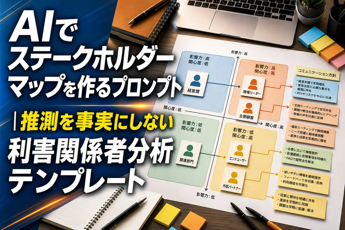 4象限のステークホルダーマップと連絡計画を整理するデスク。