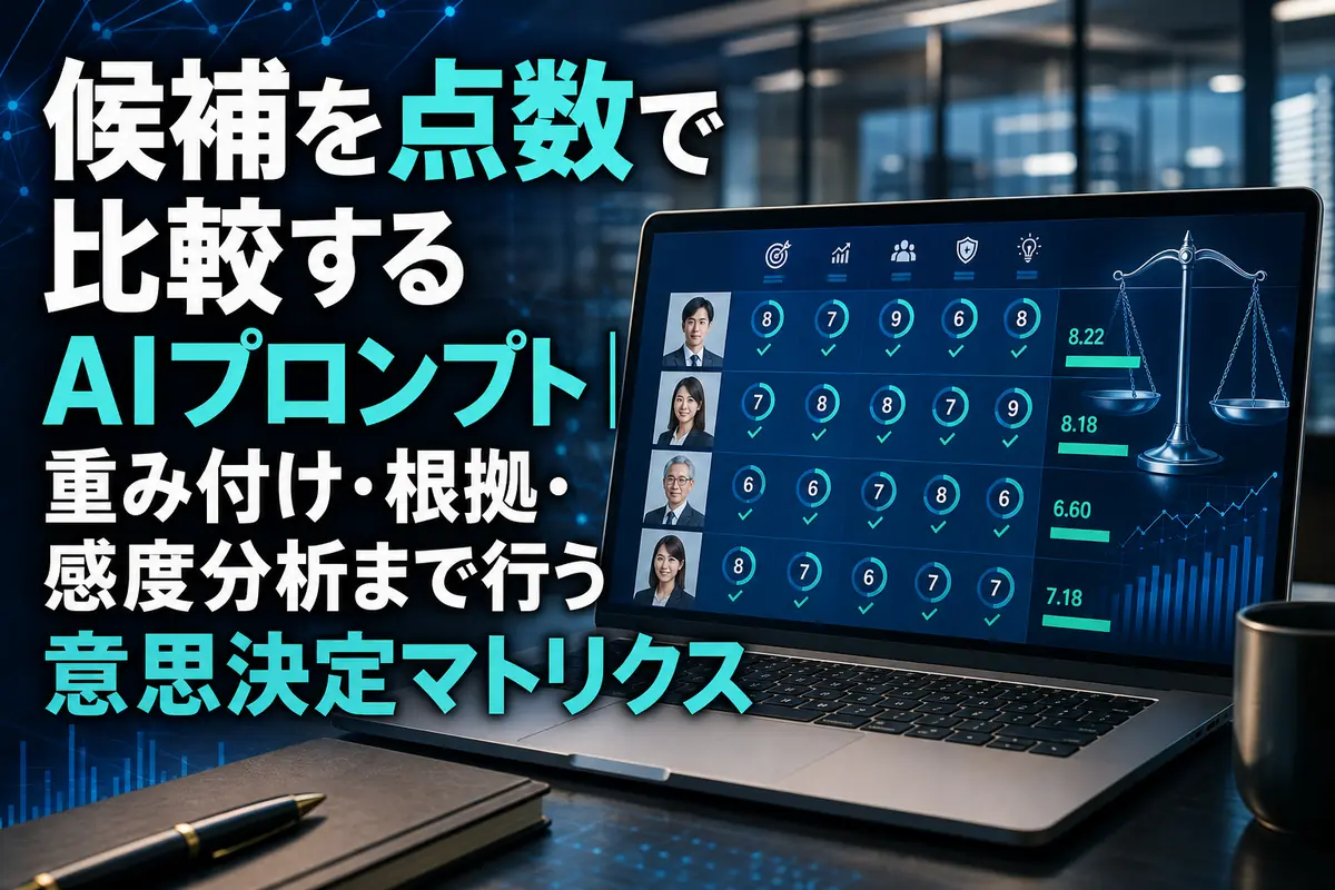 候補ごとの評価項目と重み付き得点を比較する意思決定マトリクスの画面。