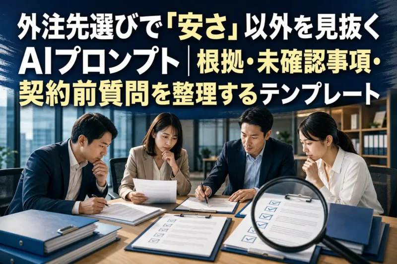 外注先の提案書と確認項目を照合する調達担当者のイメージ。