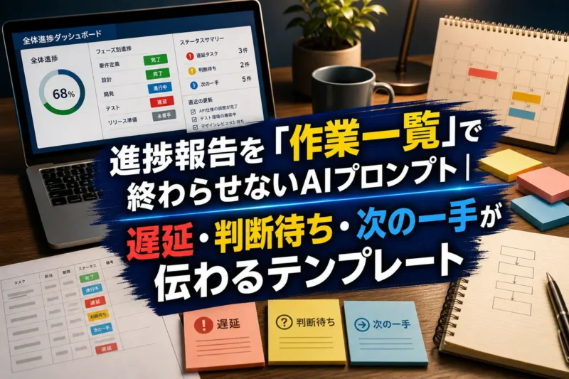 進捗状況を整理したダッシュボードとタスク資料が並ぶ仕事机。