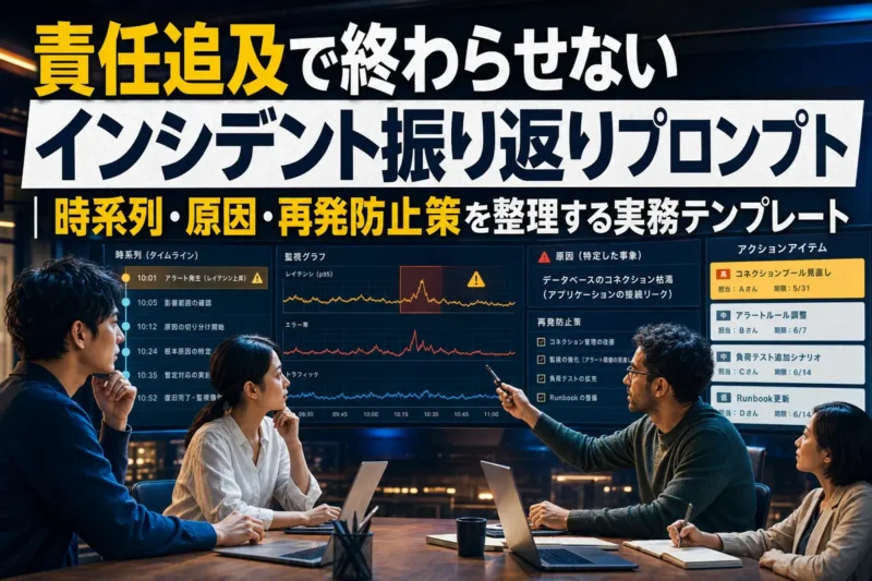 インシデントの時系列と改善策を確認する運用チーム。
