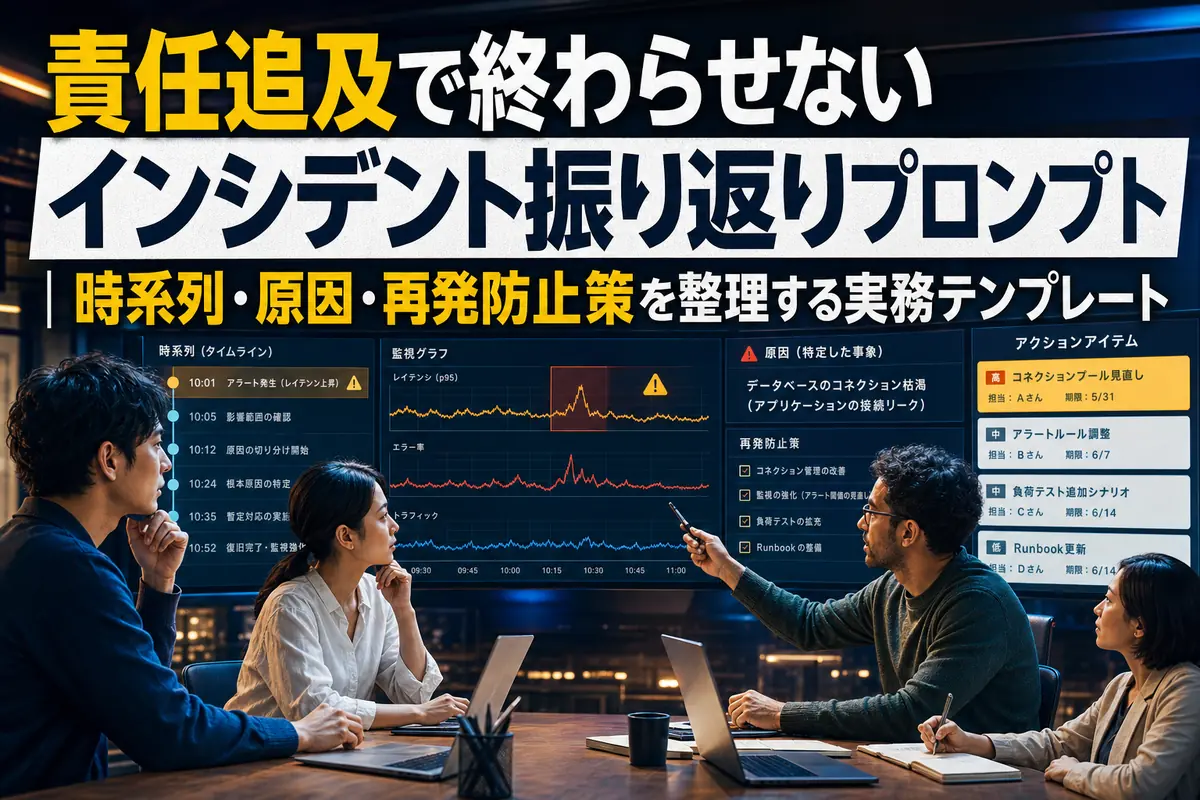 インシデントの時系列と改善策を確認する運用チーム。