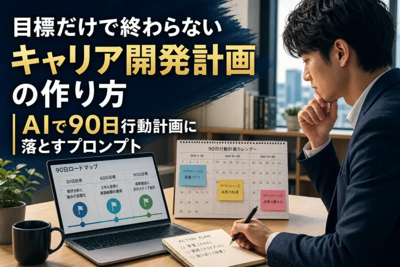 90日間のキャリア開発計画を整理するビジネスパーソン。