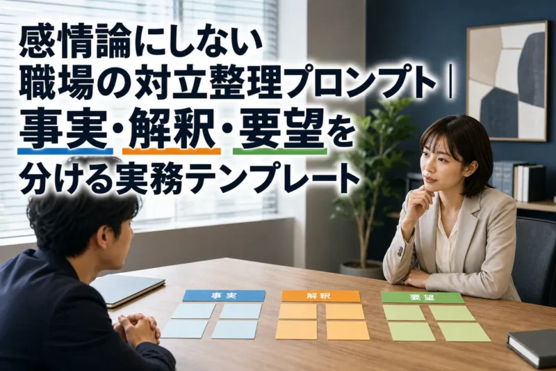 職場の対立について整理されたメモを見ながら話し合う二人の担当者。