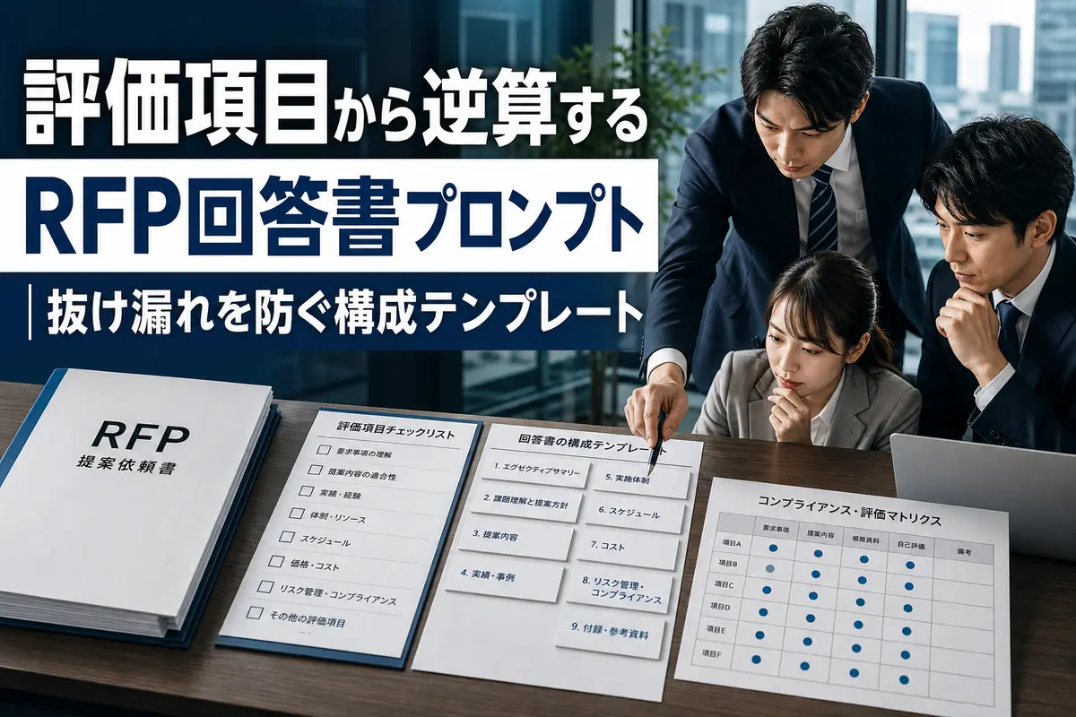 RFP資料と回答書の構成案を確認する提案チーム。