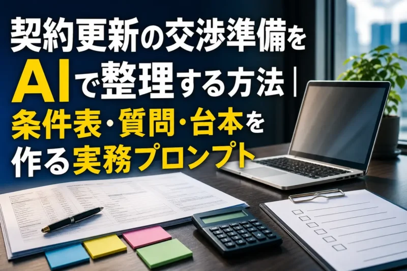 契約書とチェックリストを使って更新交渉を準備するデスク。