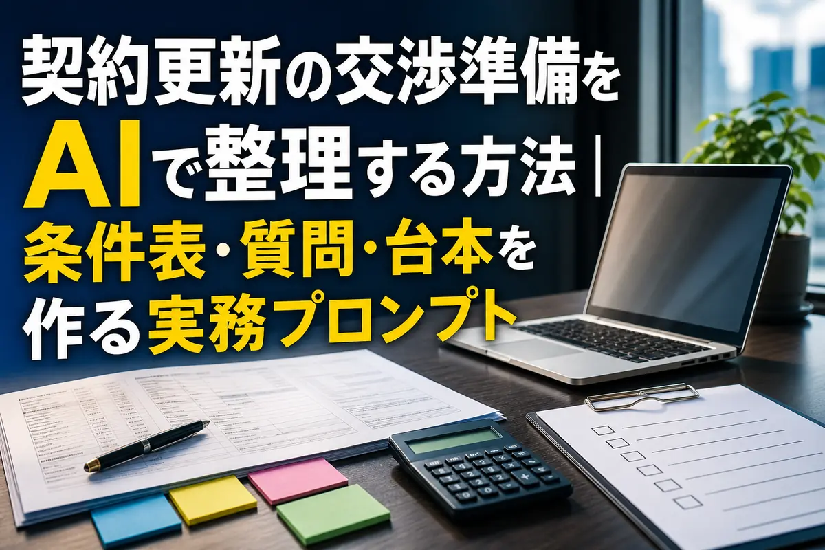 契約書とチェックリストを使って更新交渉を準備するデスク。