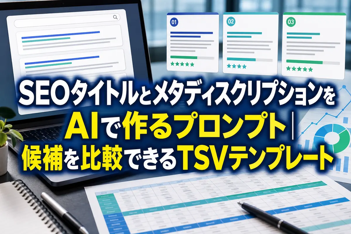 SEOタイトル候補と説明文を比較する編集作業画面。