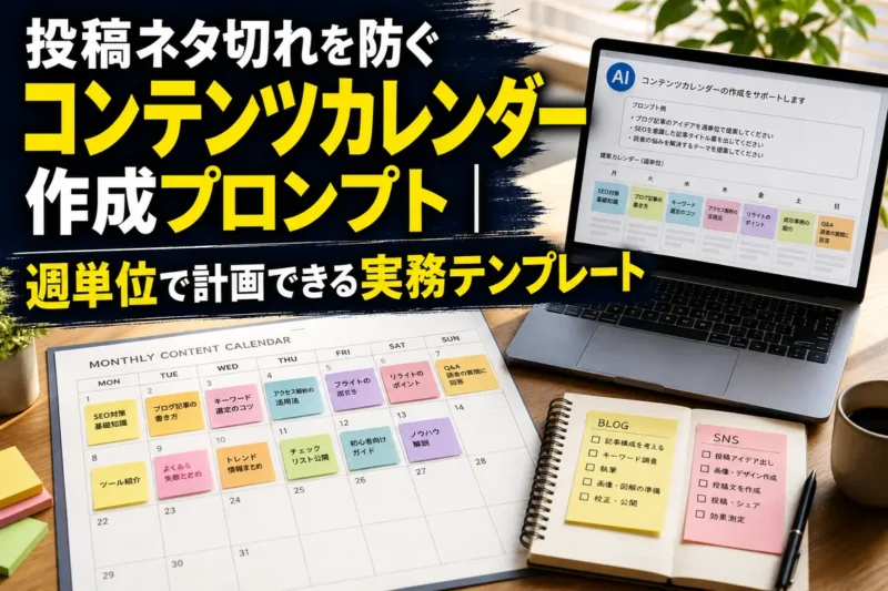 AIを使ったコンテンツカレンダー作成を表す編集計画のデスク。