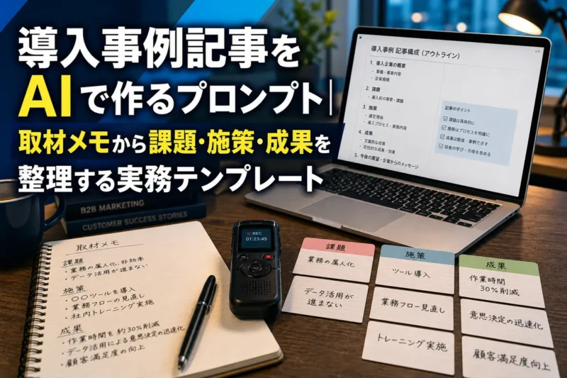 取材メモと記事構成を整理して導入事例を作成するデスク。