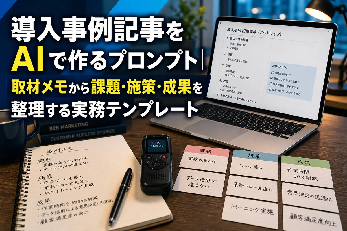 取材メモと記事構成を整理して導入事例を作成するデスク。