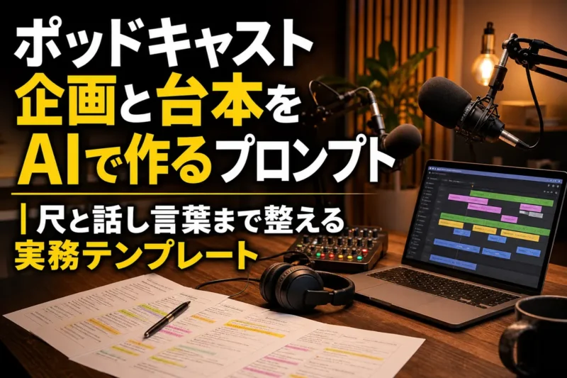 マイクと企画メモが並ぶポッドキャスト収録スタジオ。