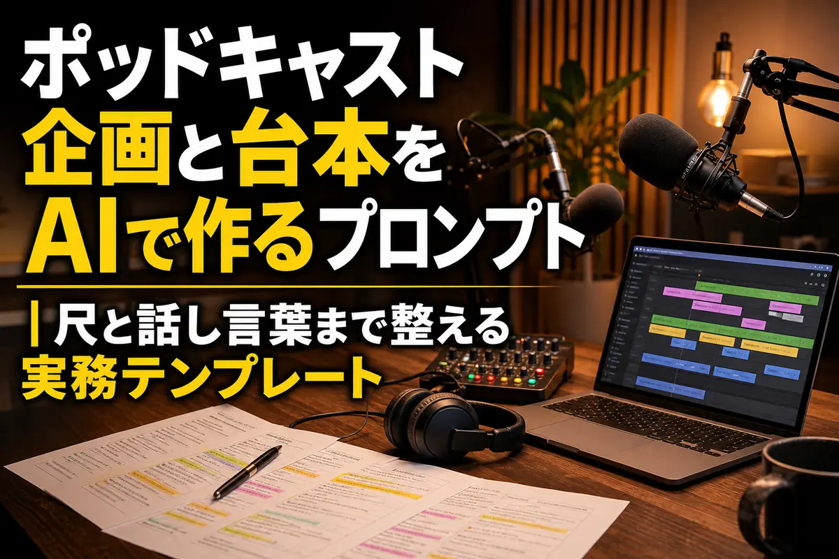 マイクと企画メモが並ぶポッドキャスト収録スタジオ。