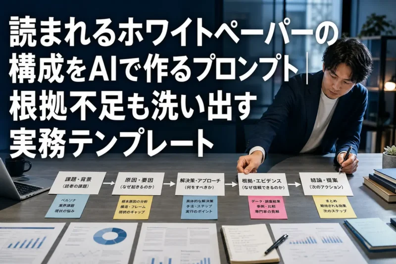 ホワイトペーパーの章構成と根拠資料を整理する作業風景。