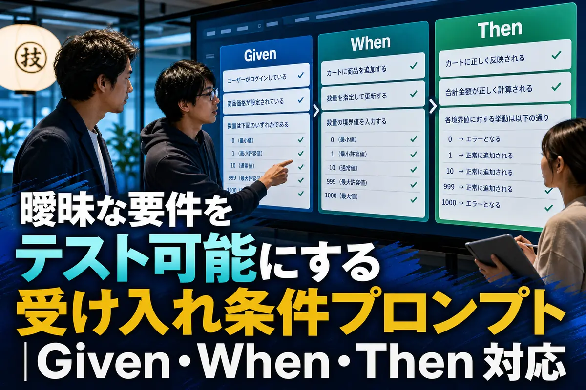 受け入れ条件を共同で確認するプロダクト担当者、開発者、QA担当者。