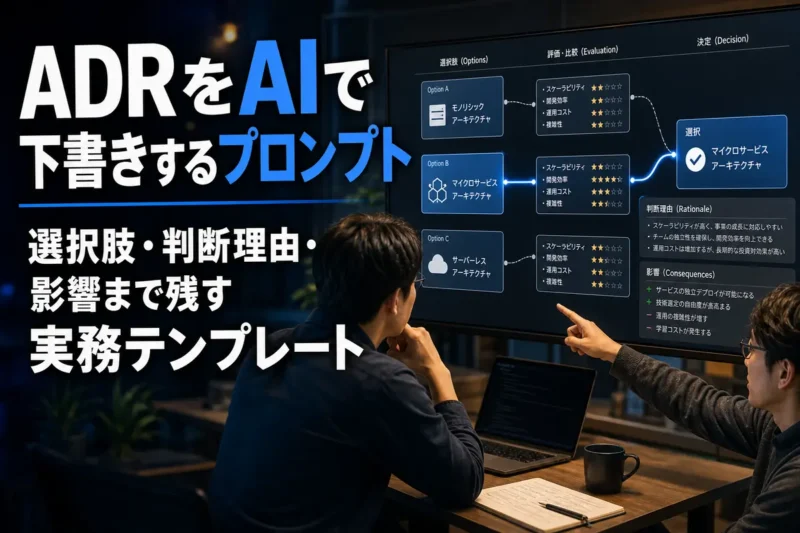 システム構成の選択肢を比較してADRを検討するエンジニア。