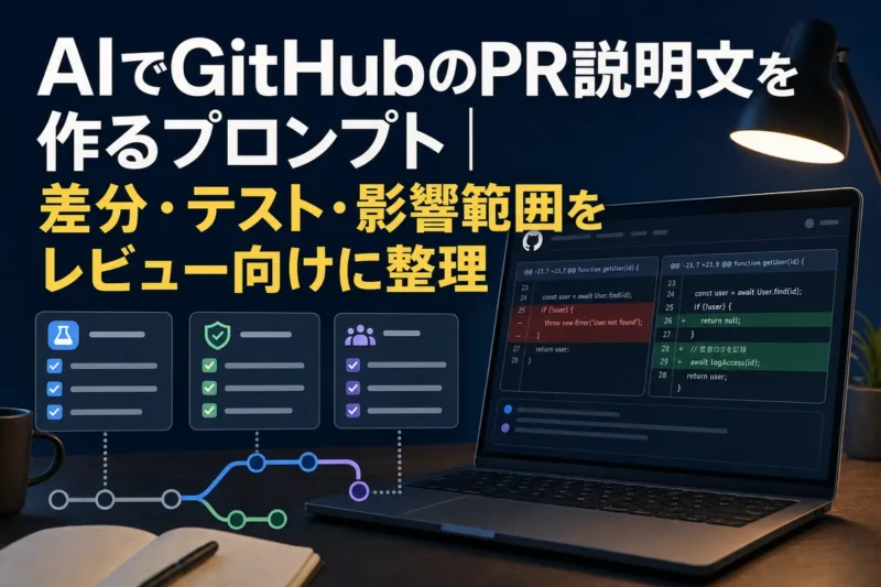 コード差分と確認項目を見ながらPR説明文を整理する開発画面のイメージ。