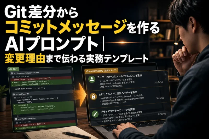 Gitの差分を確認しながらコミット履歴を整理する開発画面。