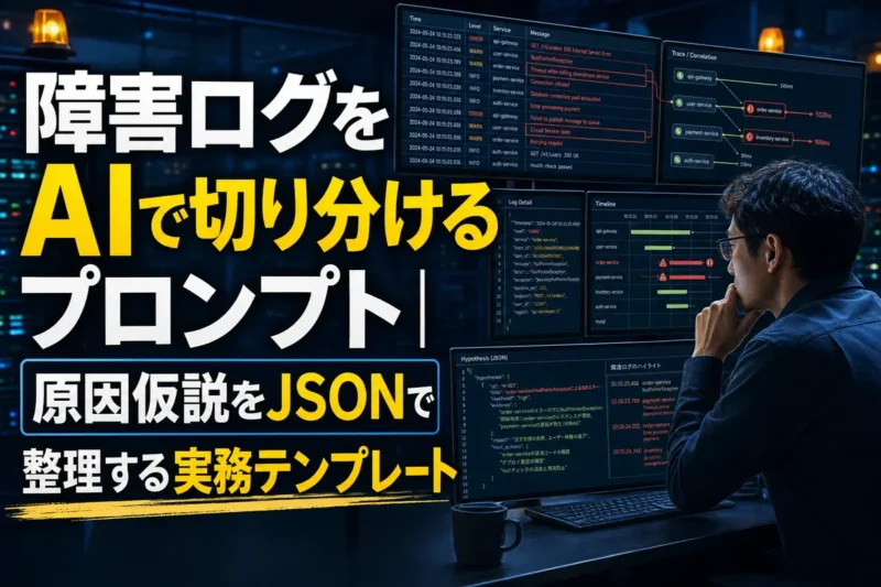 システムログとJSON形式の原因仮説を画面上で確認する運用担当者。