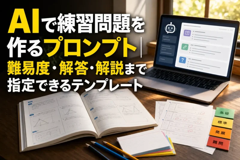 AIを使って練習問題と解説を設計する学習机のイメージ。
