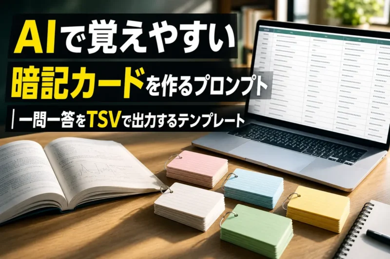 教科書と暗記カード、ノートパソコンが並ぶ学習机。