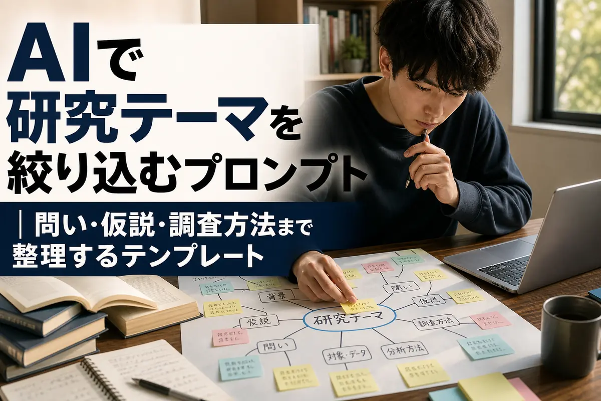 机上で研究テーマと問いを整理する学生の様子。