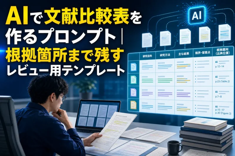 複数の文献をAIで比較表に整理する研究者のイメージ。