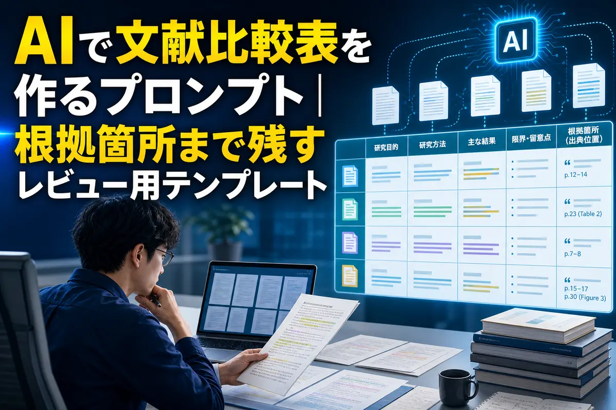 複数の文献をAIで比較表に整理する研究者のイメージ。
